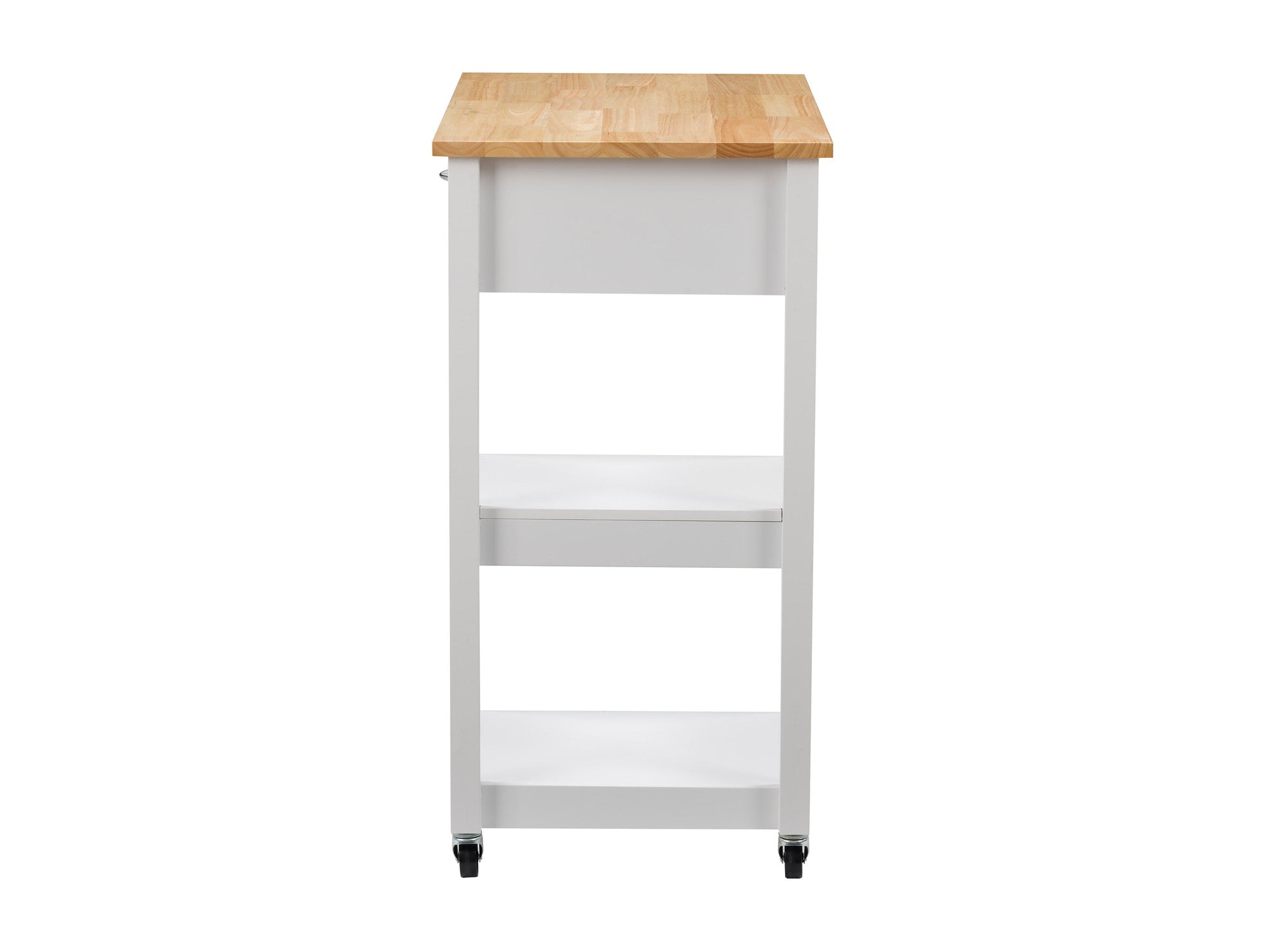 White kitchen cart on wheels with a natural wood top, featuring two drawers, a lower shelf, and side towel rack. Ideal for additional kitchen storage and workspace.