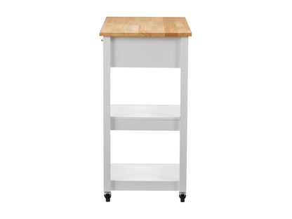 White kitchen cart on wheels with a natural wood top, featuring two drawers, a lower shelf, and side towel rack. Ideal for additional kitchen storage and workspace.