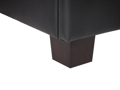 Black vegan leather storage ottoman with tufted top, square shape, and hidden compartment for extra storage.