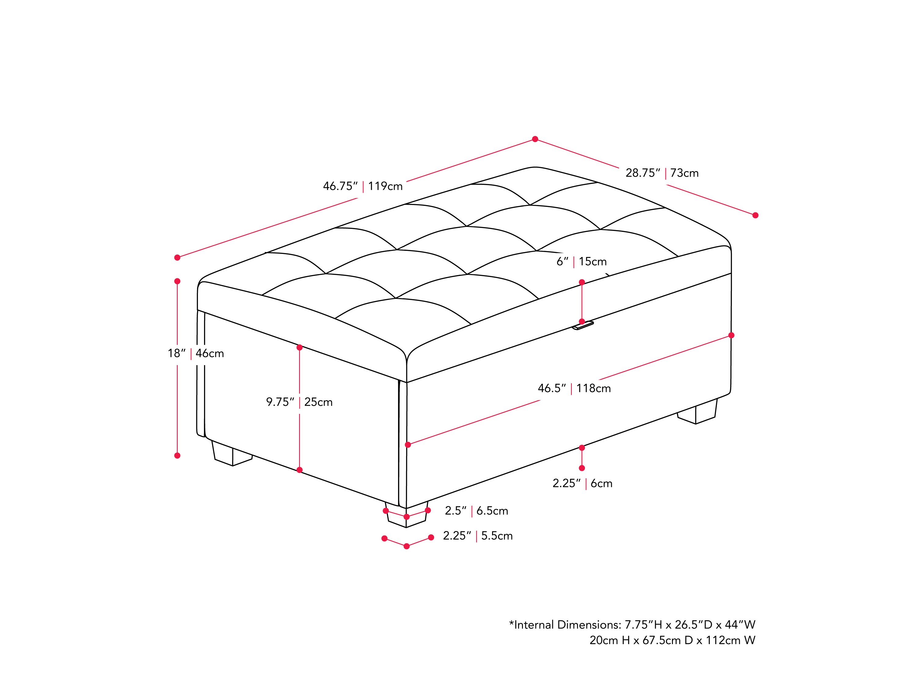 Black vegan leather storage ottoman with tufted top, square shape, and hidden compartment for extra storage.