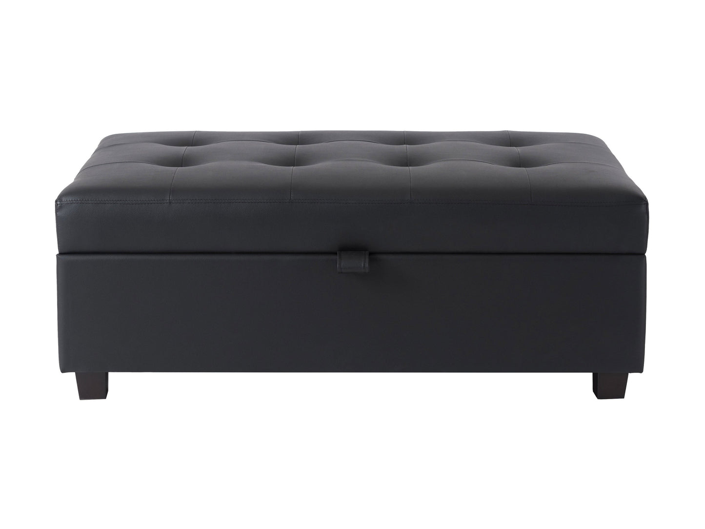 Black vegan leather storage ottoman with tufted top, square shape, and hidden compartment for extra storage.