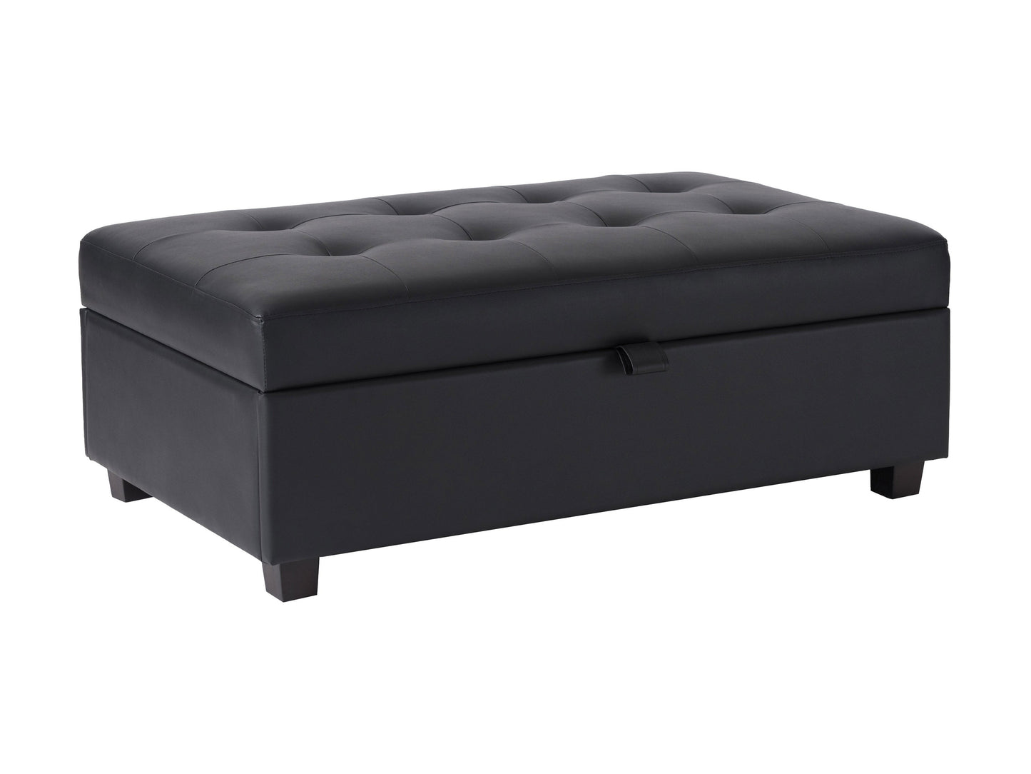 Black vegan leather storage ottoman with tufted top, square shape, and hidden compartment for extra storage.