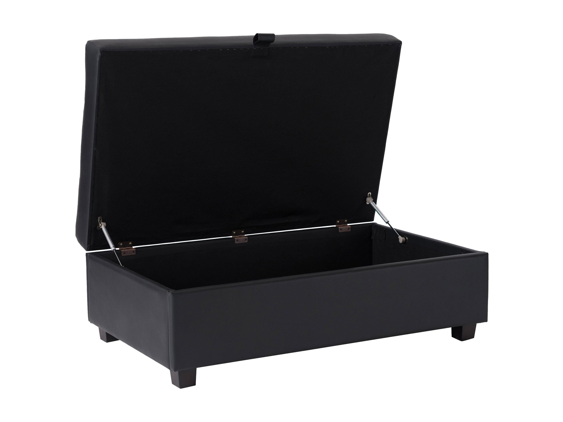 Black vegan leather storage ottoman with tufted top, square shape, and hidden compartment for extra storage.