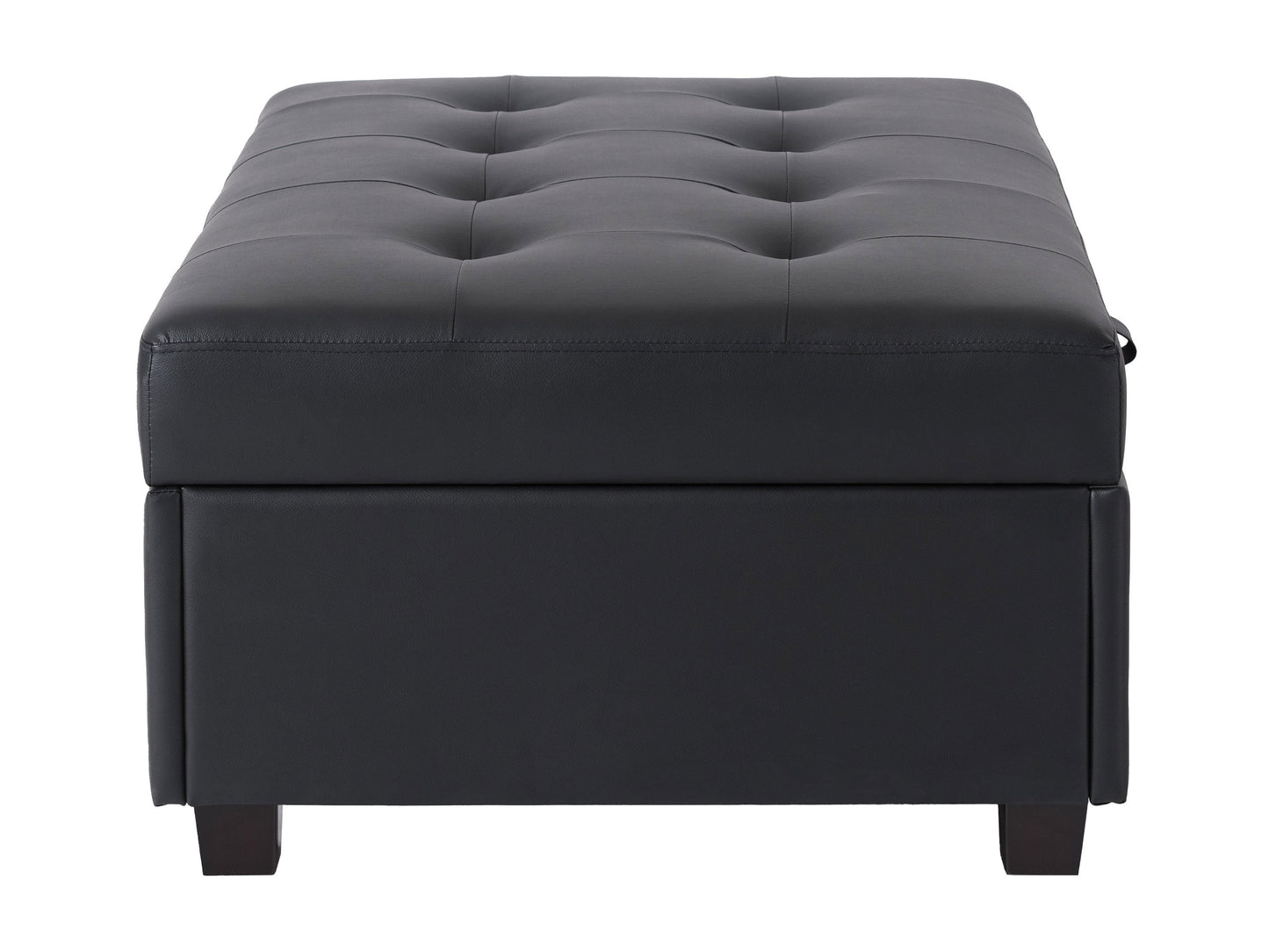 Black vegan leather storage ottoman with tufted top, square shape, and hidden compartment for extra storage.