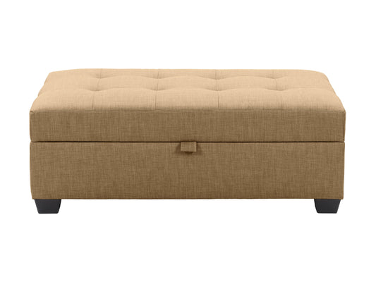 Beige tufted storage bench ottoman with wooden legs, soft fabric upholstery, and button-tufted detailing. Ideal for living rooms or bedrooms, offering both seating and hidden storage.