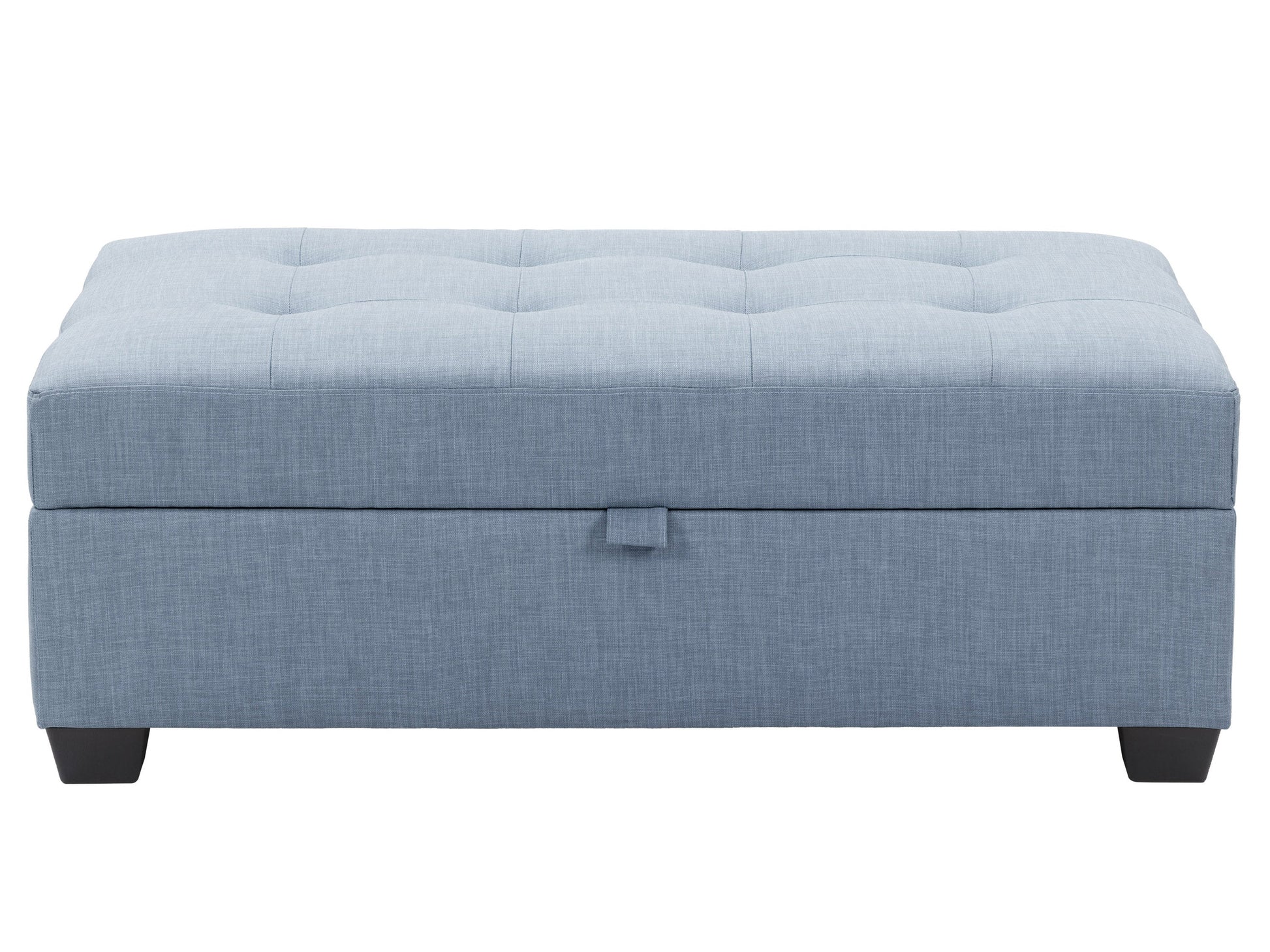 Light blue tufted storage bench with wooden legs, upholstered in soft fabric, featuring button-tufted detailing and a spacious hidden compartment for extra storage. Ideal for living rooms and bedrooms.