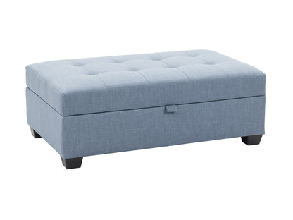 Light blue tufted storage bench with wooden legs, upholstered in soft fabric, featuring button-tufted detailing and a spacious hidden compartment for extra storage. Ideal for living rooms and bedrooms.