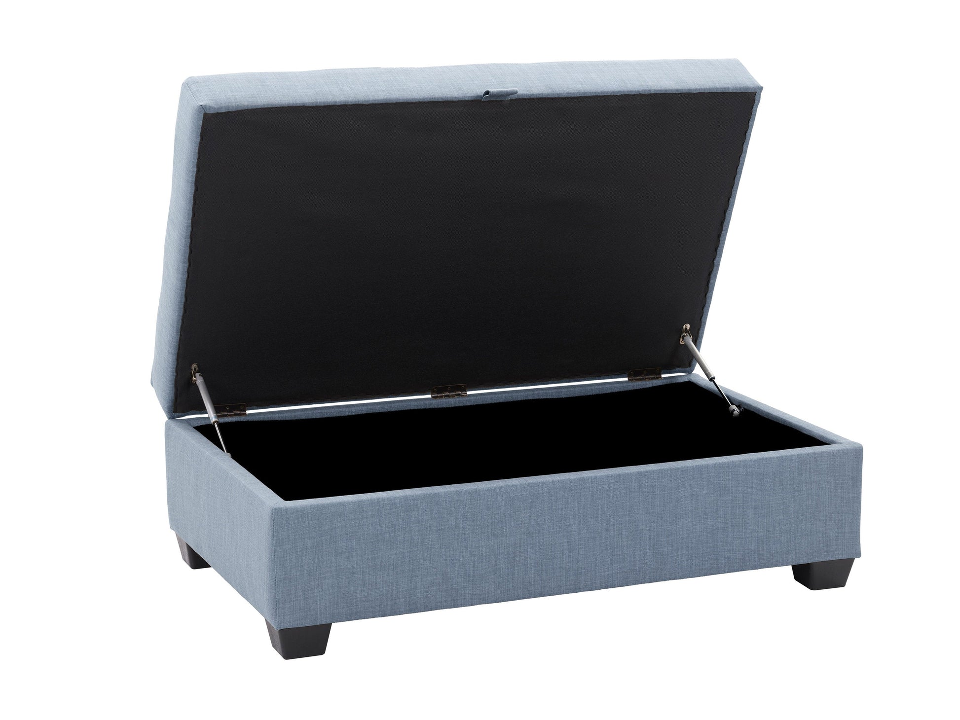 Light blue tufted storage bench with wooden legs, upholstered in soft fabric, featuring button-tufted detailing and a spacious hidden compartment for extra storage. Ideal for living rooms and bedrooms.