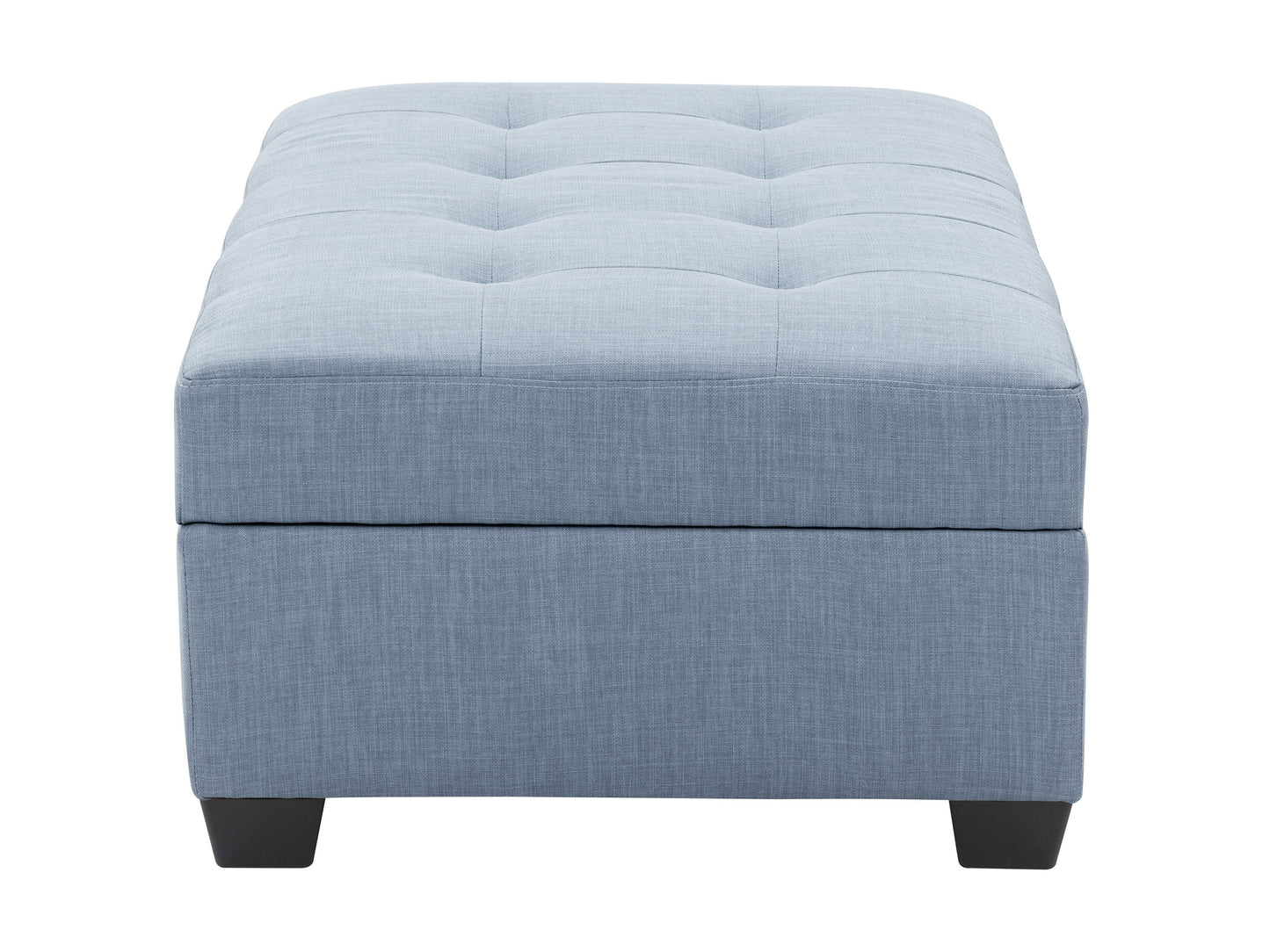 Light blue tufted storage bench with wooden legs, upholstered in soft fabric, featuring button-tufted detailing and a spacious hidden compartment for extra storage. Ideal for living rooms and bedrooms.