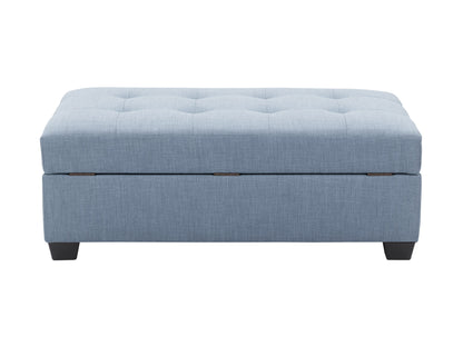 Light blue tufted storage bench with wooden legs, upholstered in soft fabric, featuring button-tufted detailing and a spacious hidden compartment for extra storage. Ideal for living rooms and bedrooms.