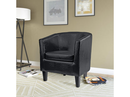 Modern leather barrel chair in dark brown with plush cushioning, sleek curved design, and sturdy wooden legs. Perfect accent chair for living room or office, blending comfort and style seamlessly.