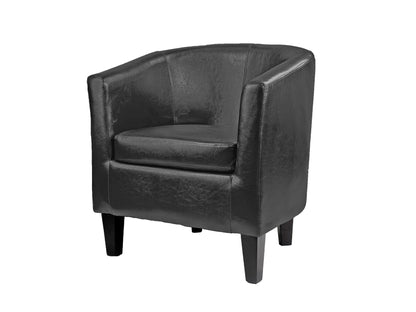 Brown leather barrel accent chair with curved backrest, polished wood legs, and tufted detailing, perfect for modern living rooms and cozy reading nooks.