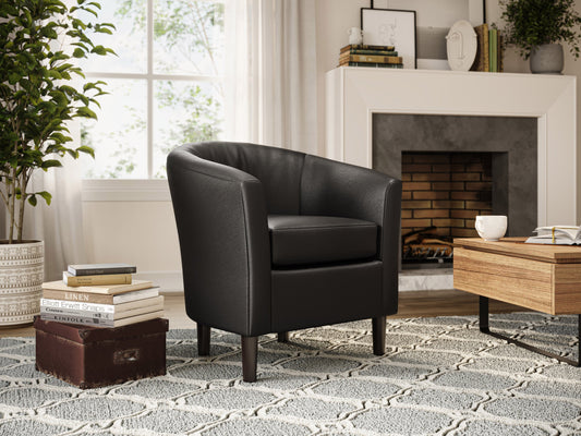 Black vegan leather barrel chair with sleek curves, smooth texture, and padded seat. Features a modern design with sturdy metal legs, perfect for contemporary living rooms or offices.