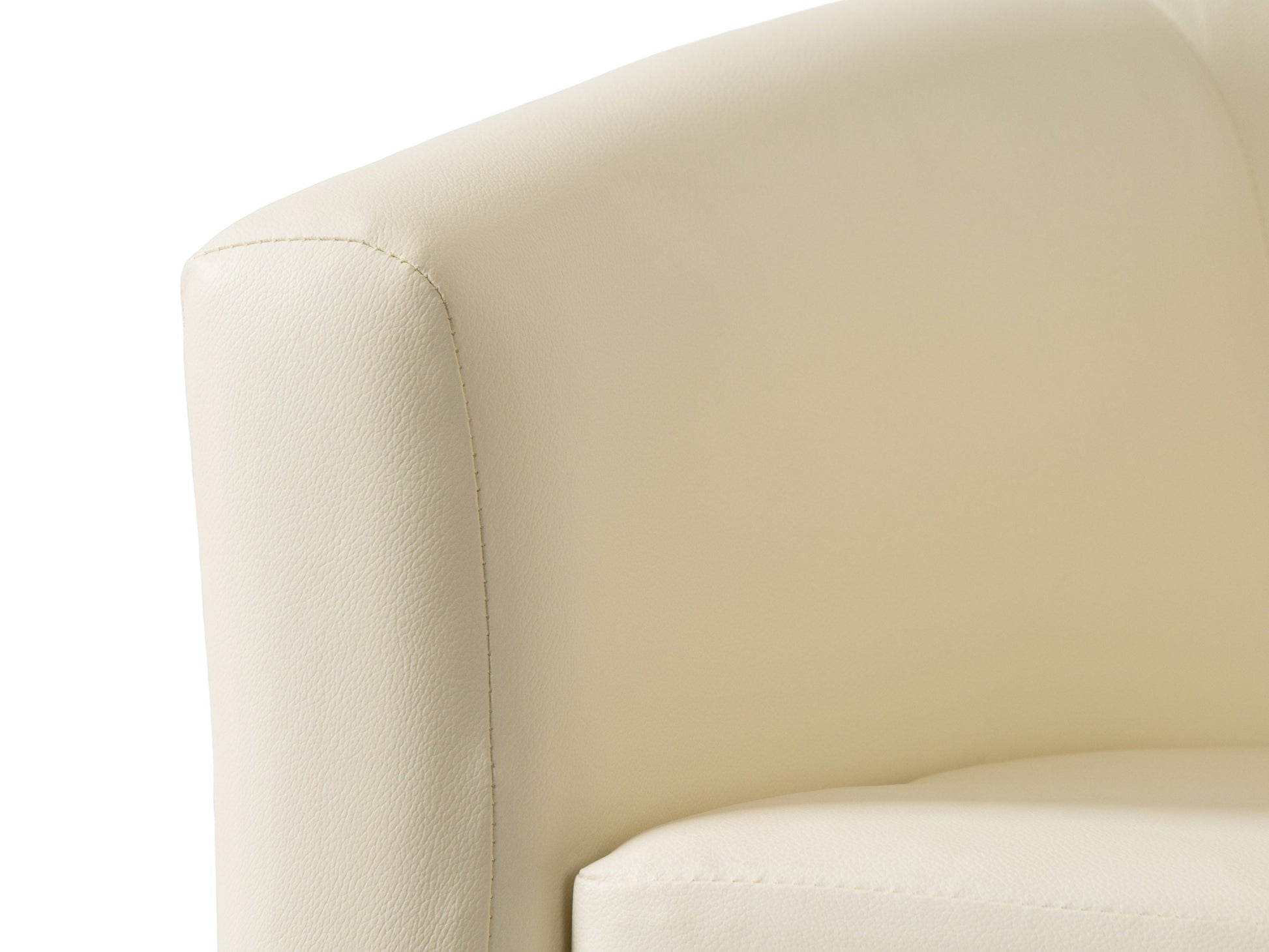 Warm white vegan leather barrel chair with tufted backrest, curved armrests, and wooden legs. Modern accent chair ideal for living rooms or offices, offering a stylish and comfortable seating option.