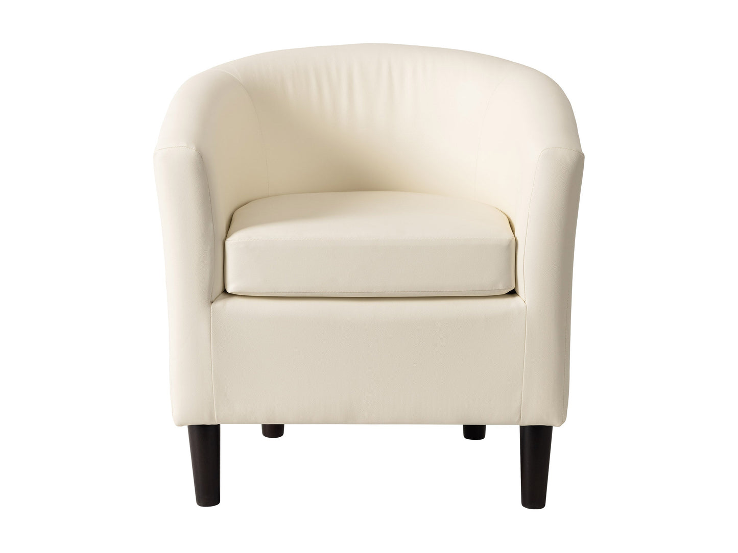 Warm white vegan leather barrel chair with tufted backrest, curved armrests, and wooden legs. Modern accent chair ideal for living rooms or offices, offering a stylish and comfortable seating option.