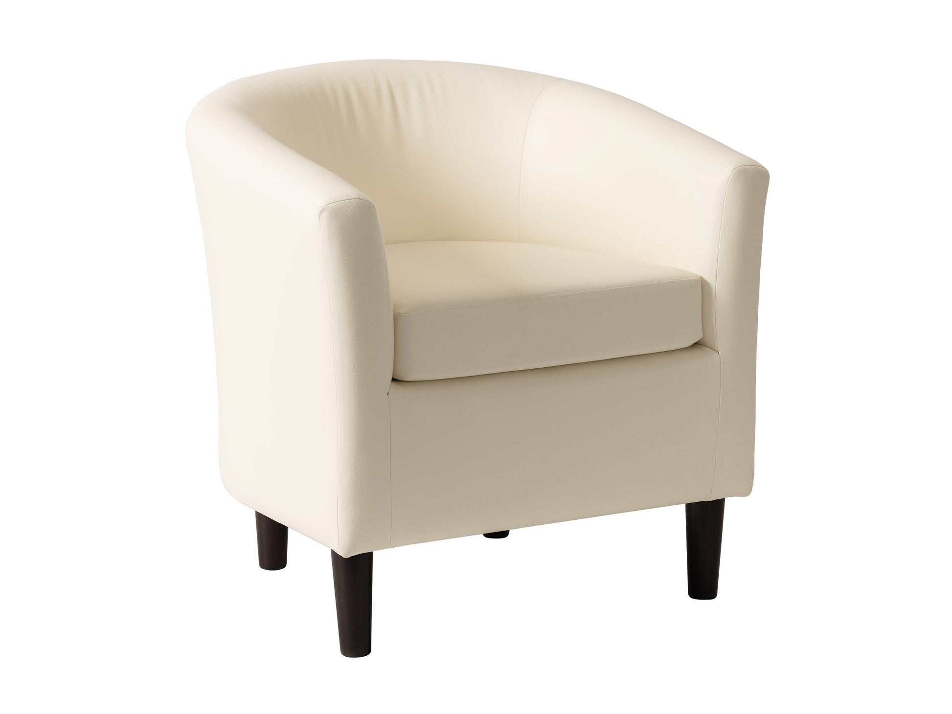 Warm white vegan leather barrel chair with tufted backrest, curved armrests, and wooden legs. Modern accent chair ideal for living rooms or offices, offering a stylish and comfortable seating option.