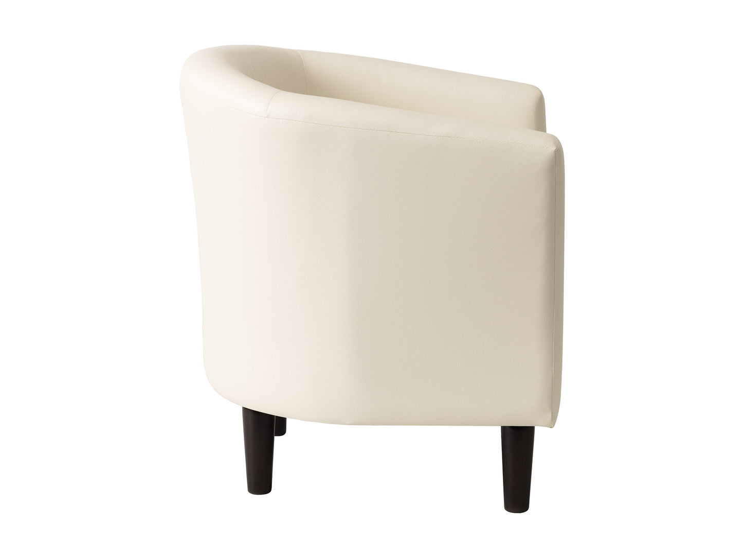 Warm white vegan leather barrel chair with tufted backrest, curved armrests, and wooden legs. Modern accent chair ideal for living rooms or offices, offering a stylish and comfortable seating option.