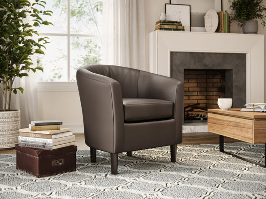 Dark brown vegan leather barrel chair with curved backrest, plush cushioning, and sleek wooden legs, perfect for modern living rooms or home offices.