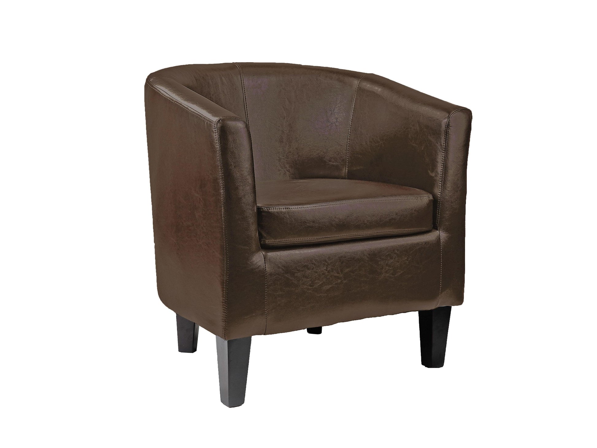 Brown leather barrel chair with tufted backrest, nailhead trim, and wooden legs, perfect for living room or office decor.