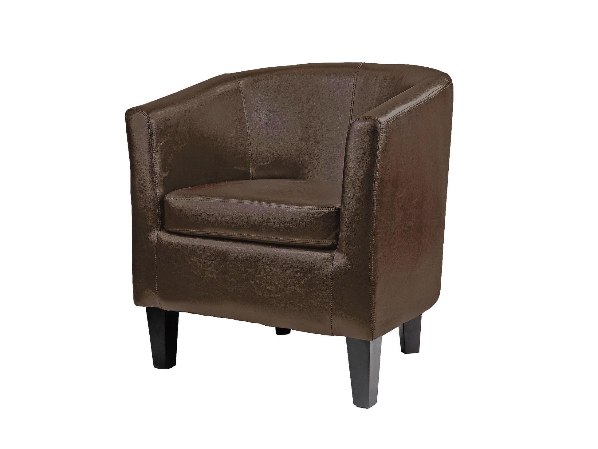 Brown leather barrel accent chair with tufted backrest, wooden legs, and brass nailhead trim. Perfect for living room or office, offering a blend of comfort and classic style.