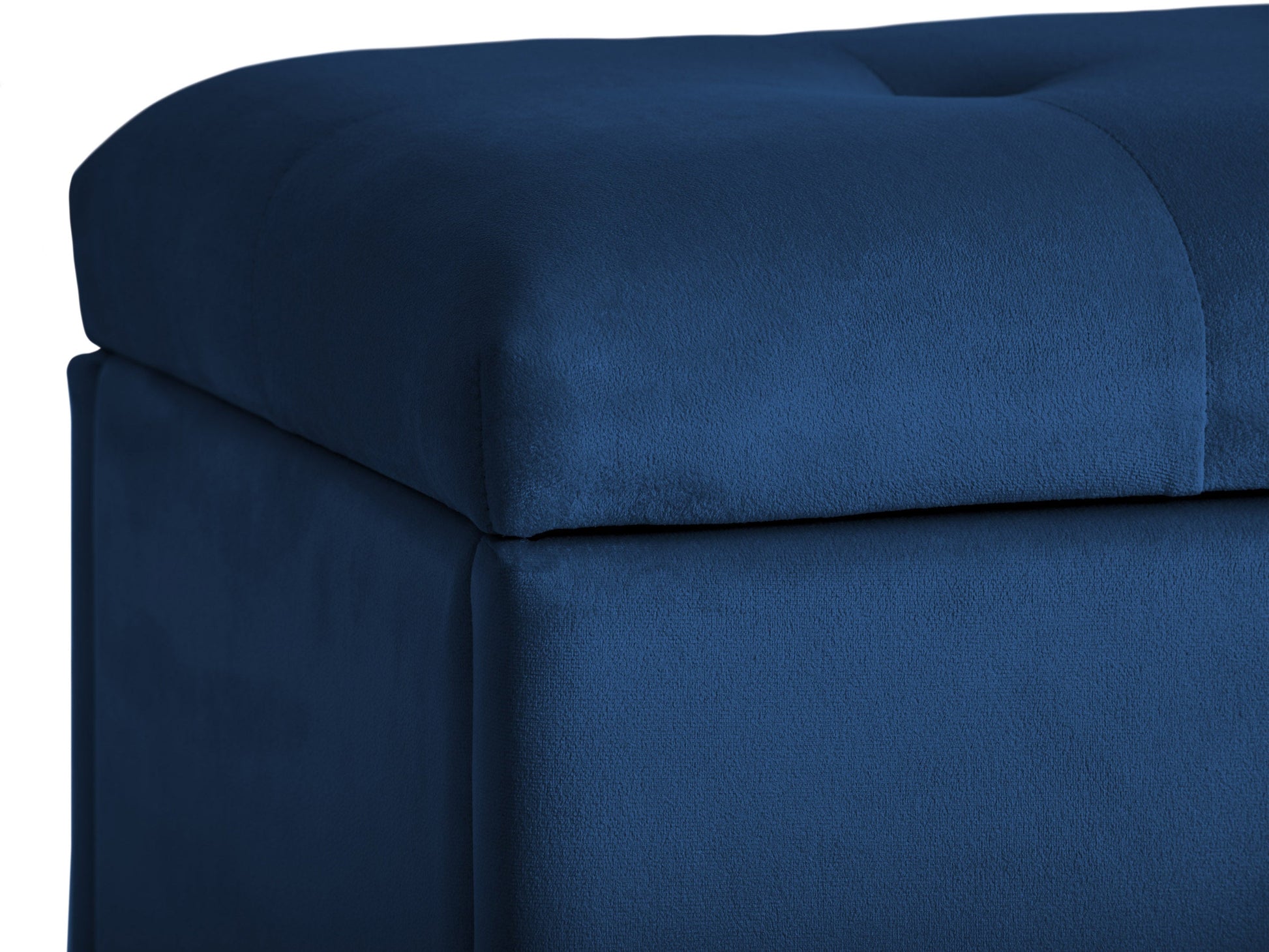 Blue velvet ottoman with storage, featuring a plush, tufted top, sleek gold legs, and a spacious interior compartment for living room organization and seating.