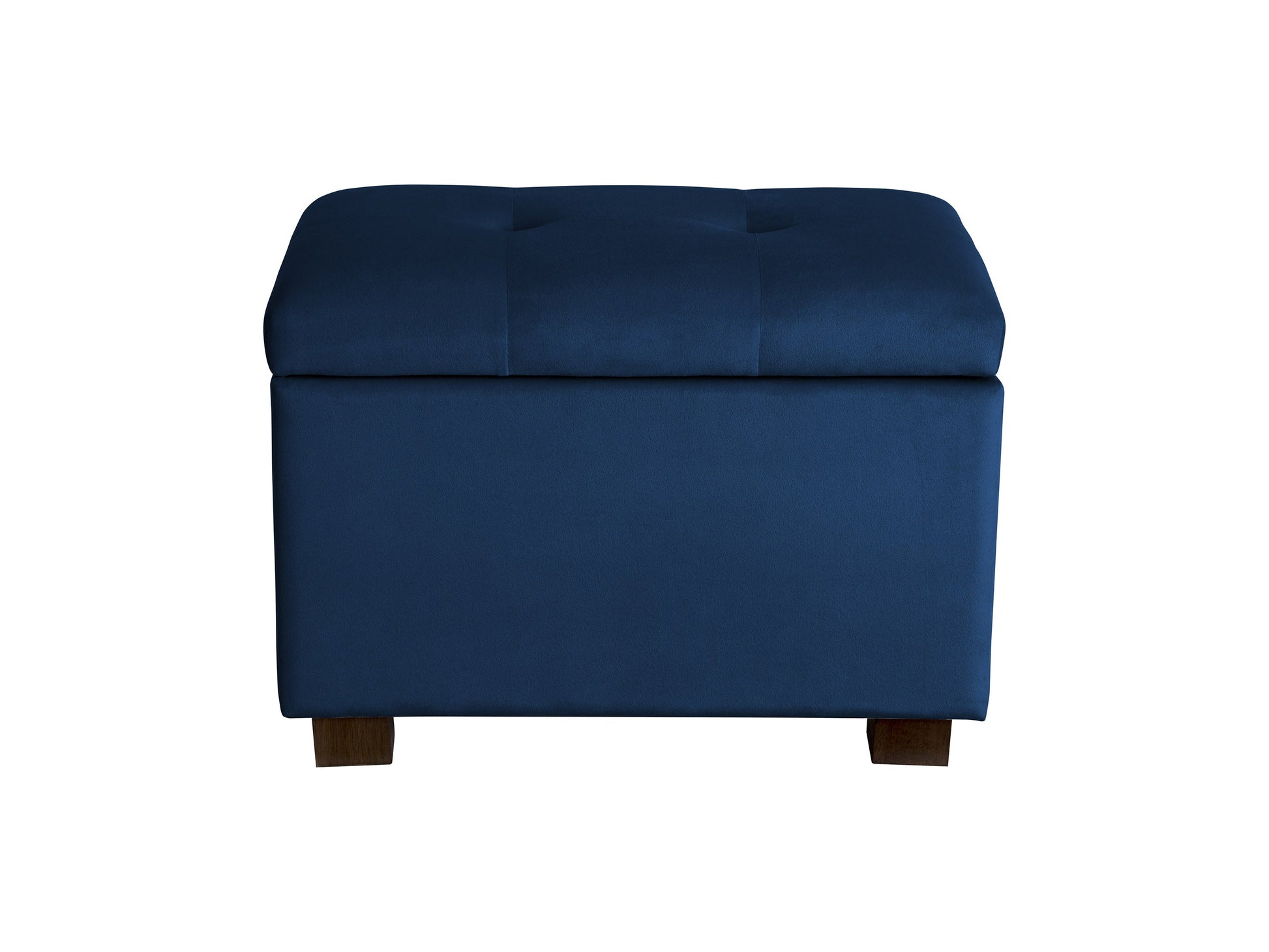 Blue velvet ottoman with storage, featuring a plush, tufted top, sleek gold legs, and a spacious interior compartment for living room organization and seating.