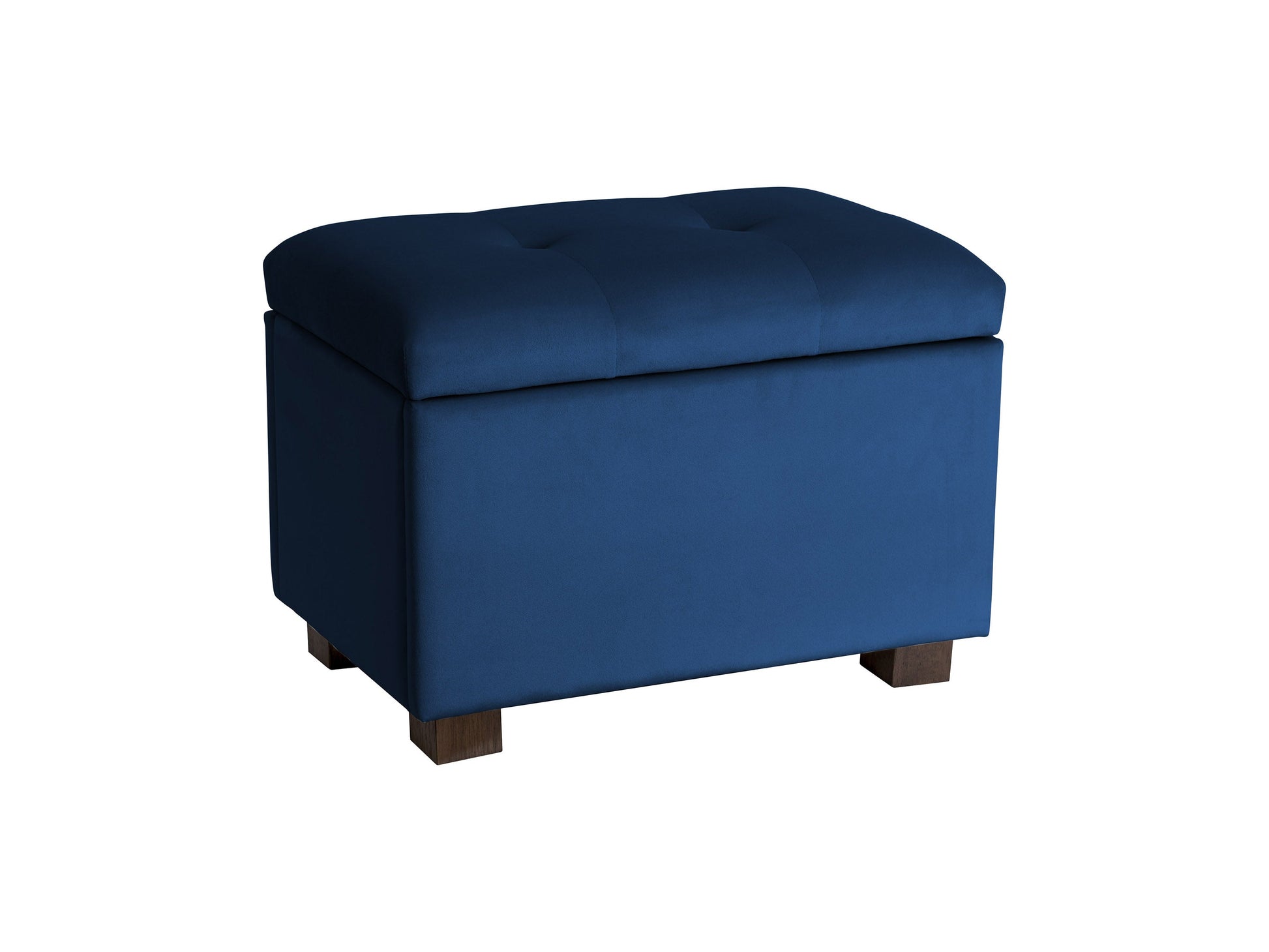 Blue velvet ottoman with storage, featuring a plush, tufted top, sleek gold legs, and a spacious interior compartment for living room organization and seating.