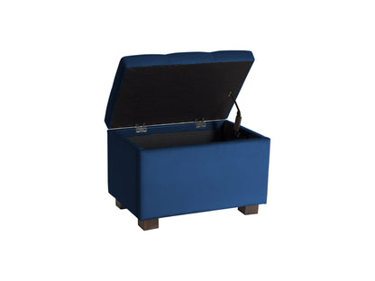 Blue velvet ottoman with storage, featuring a plush, tufted top, sleek gold legs, and a spacious interior compartment for living room organization and seating.