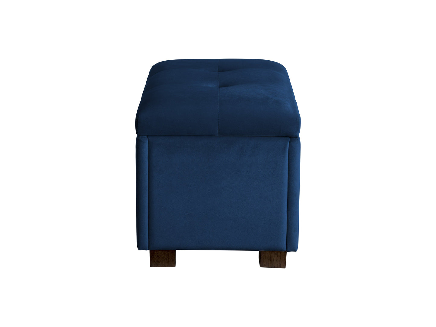 Blue velvet ottoman with storage, featuring a plush, tufted top, sleek gold legs, and a spacious interior compartment for living room organization and seating.