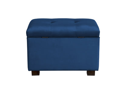 Blue velvet ottoman with storage, featuring a plush, tufted top, sleek gold legs, and a spacious interior compartment for living room organization and seating.