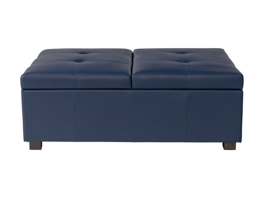 Blue upholstered ottoman with tufted top, wooden legs, and built-in storage compartment. Ideal for living room or bedroom decor, offering both seating and organizational solutions.