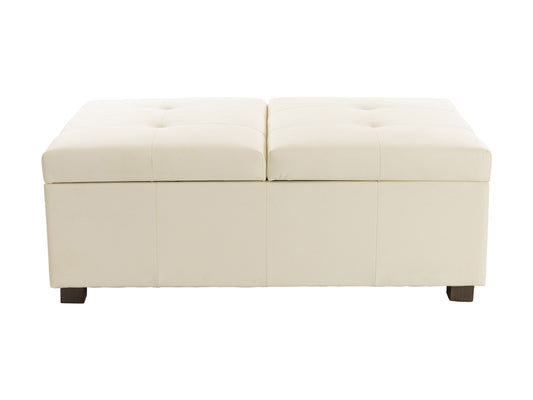 Warm white deluxe storage ottoman with tufted top, soft fabric, and wooden legs. Features spacious interior storage and versatile design, perfect for living rooms or bedrooms.