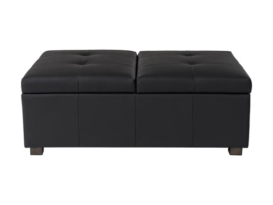 Matte black deluxe storage ottoman with tufted faux leather upholstery, spacious interior storage, and sleek minimalist design. Ideal for modern living rooms and versatile as extra seating or a coffee table.