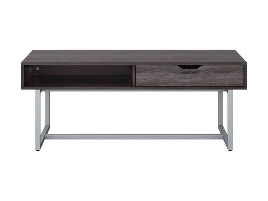 Modern rectangular coffee table in grey with a sleek, minimalist design featuring a smooth, matte finish, sturdy metal legs, and a spacious surface perfect for living rooms or offices.