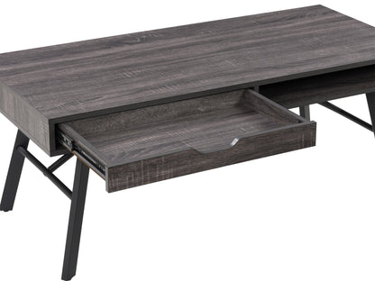 Rustic grey wood coffee table with sturdy legs, natural wood grain texture, and a spacious rectangular surface, perfect for living room decor and storage.