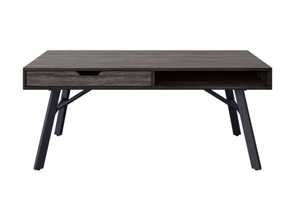 Rustic grey wood coffee table with sturdy legs, natural wood grain texture, and a spacious rectangular surface, perfect for living room decor and storage.