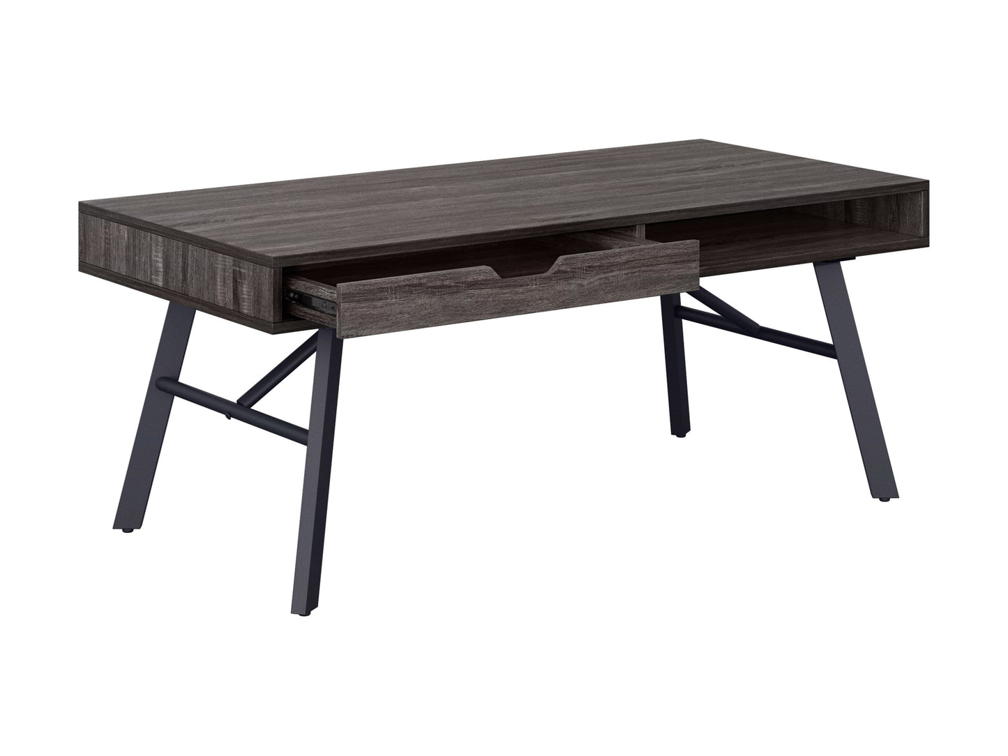 Rustic grey wood coffee table with sturdy legs, natural wood grain texture, and a spacious rectangular surface, perfect for living room decor and storage.