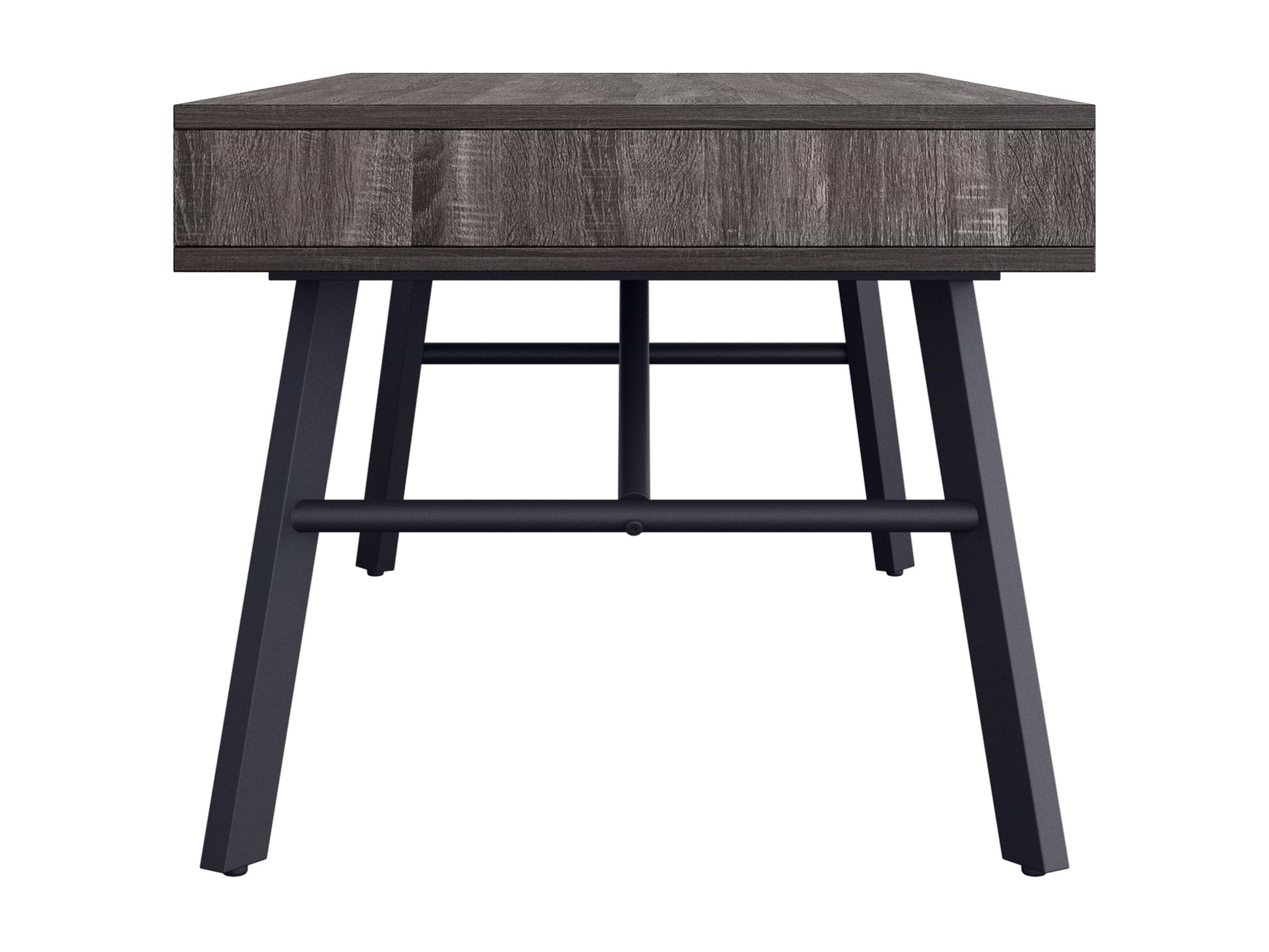 Rustic grey wood coffee table with sturdy legs, natural wood grain texture, and a spacious rectangular surface, perfect for living room decor and storage.