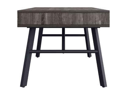 Rustic grey wood coffee table with sturdy legs, natural wood grain texture, and a spacious rectangular surface, perfect for living room decor and storage.