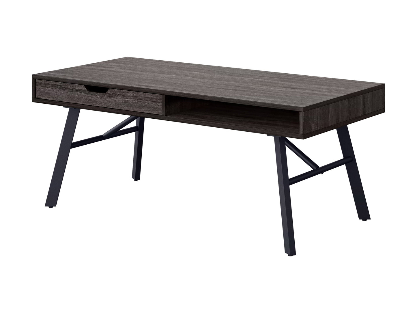 Rustic grey wood coffee table with sturdy legs, natural wood grain texture, and a spacious rectangular surface, perfect for living room decor and storage.