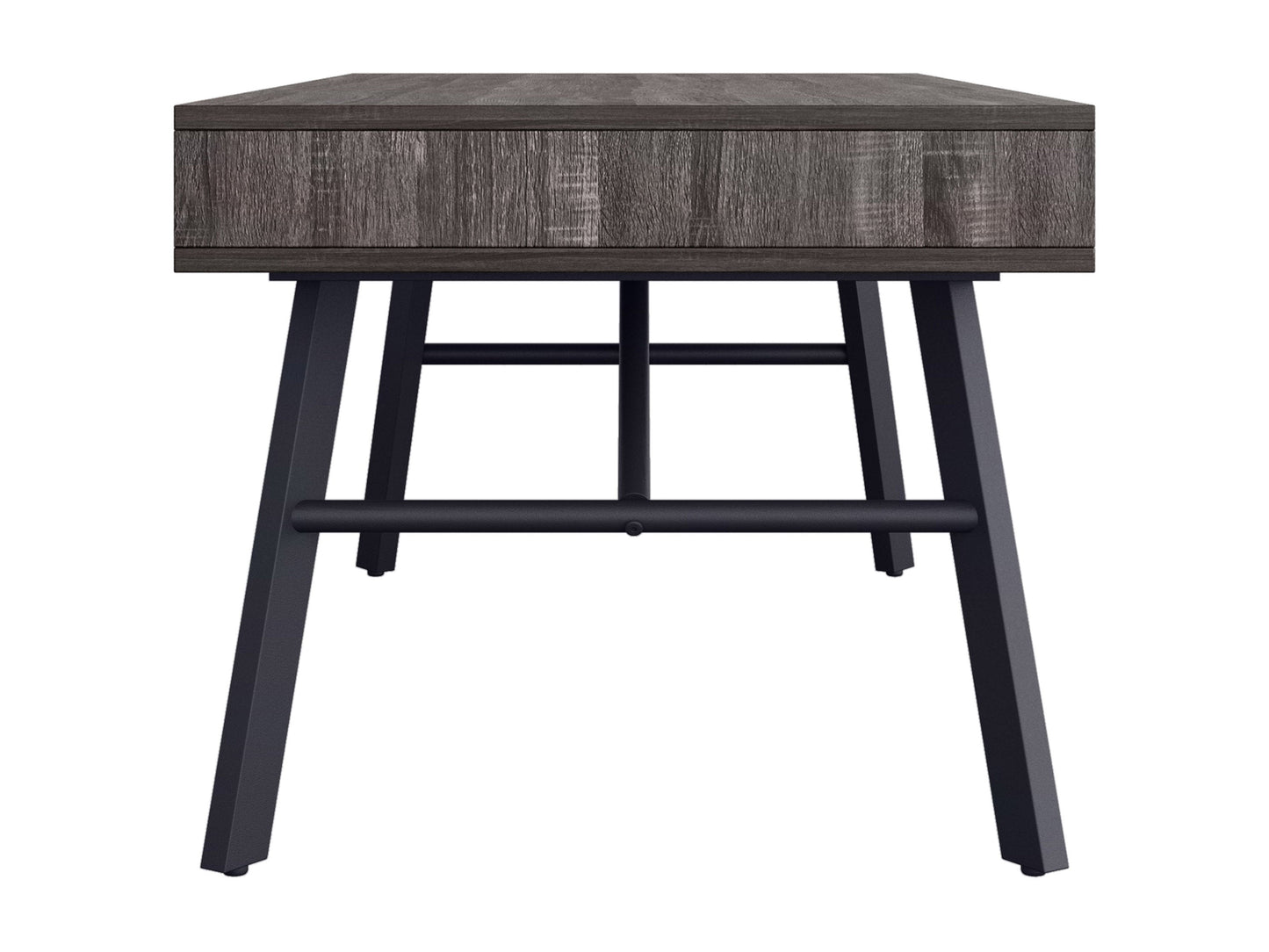 Rustic grey wood coffee table with sturdy legs, natural wood grain texture, and a spacious rectangular surface, perfect for living room decor and storage.