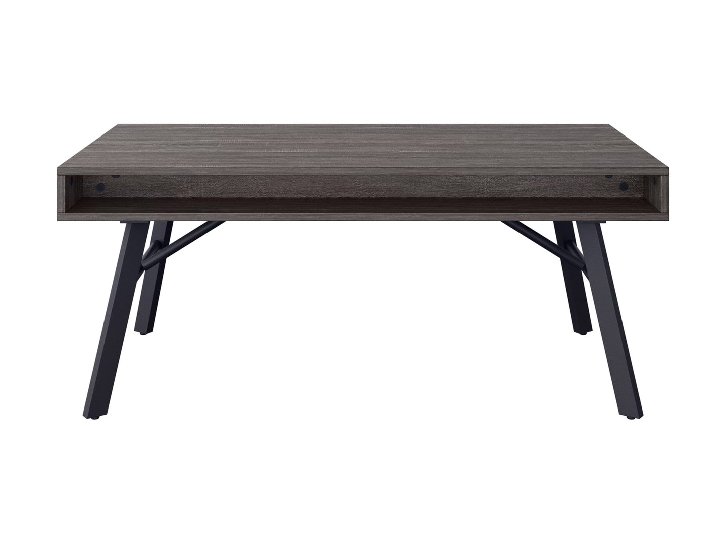 Rustic grey wood coffee table with sturdy legs, natural wood grain texture, and a spacious rectangular surface, perfect for living room decor and storage.