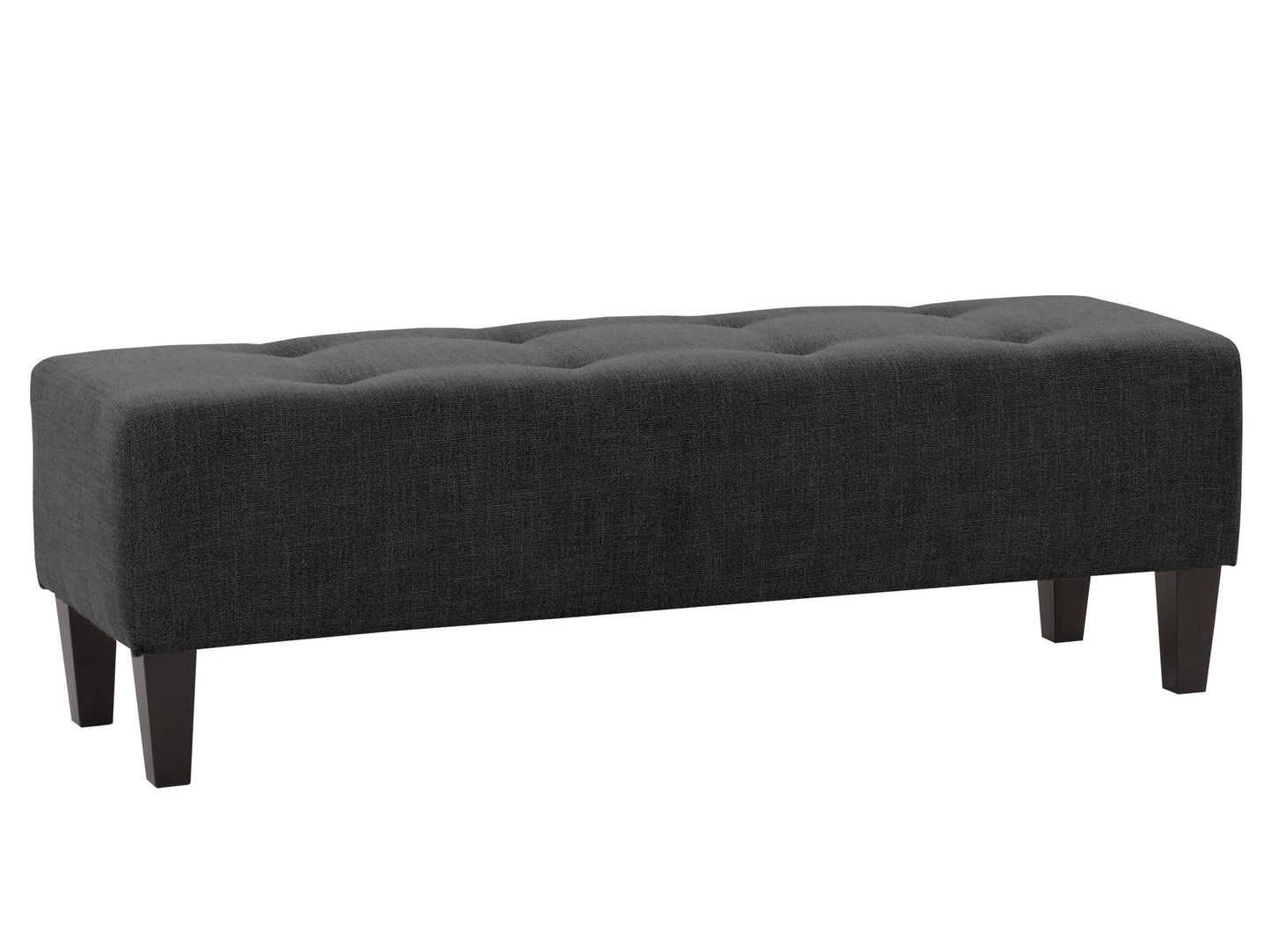 Dark grey accent bench with tufted upholstery, wooden legs, and a sleek, modern design. Perfect for entryways, living rooms, or bedrooms. Durable fabric and sturdy construction offer both style and functionality.