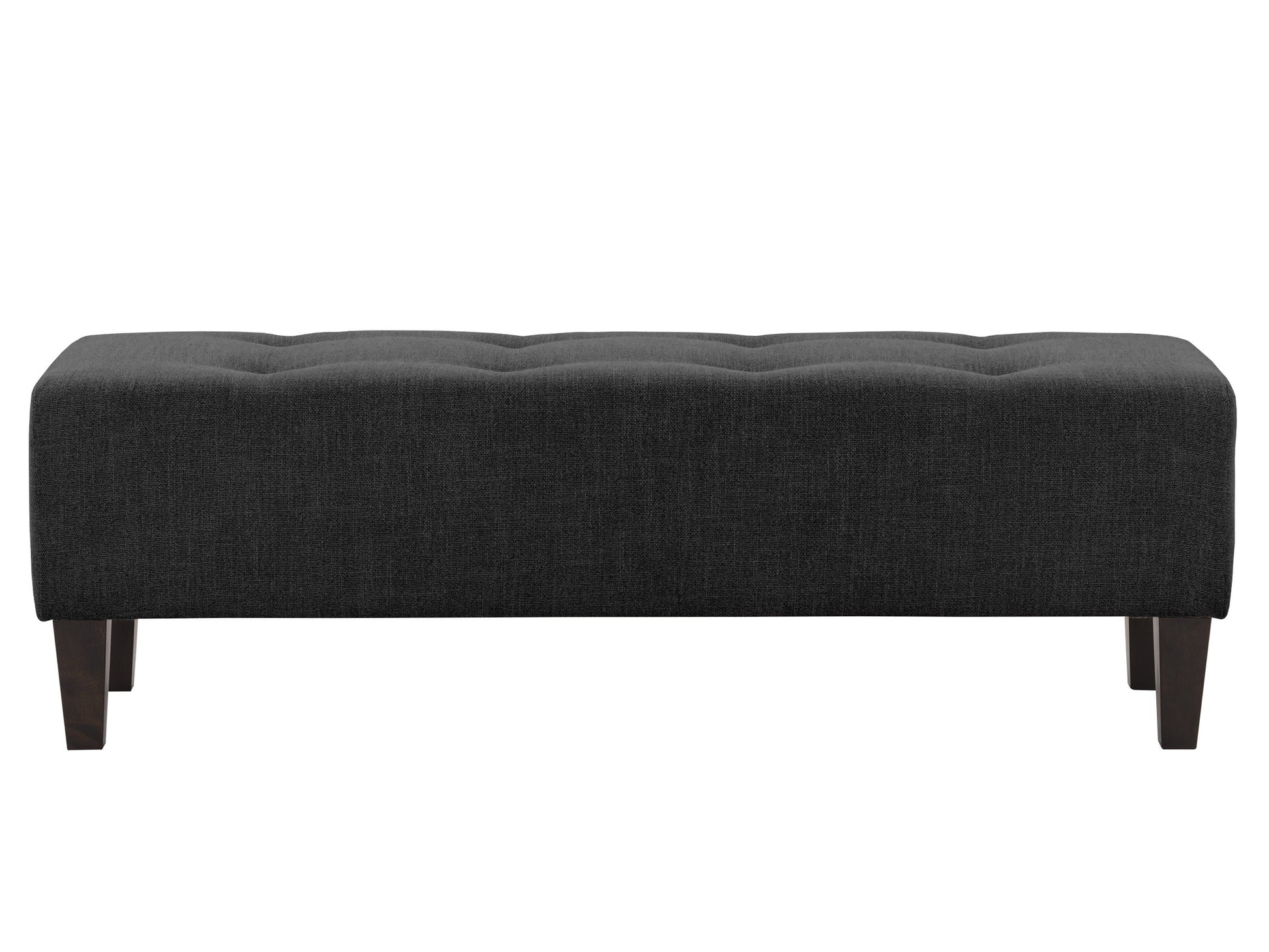 Dark grey accent bench with tufted upholstery, wooden legs, and a sleek, modern design. Perfect for entryways, living rooms, or bedrooms. Durable fabric and sturdy construction offer both style and functionality.