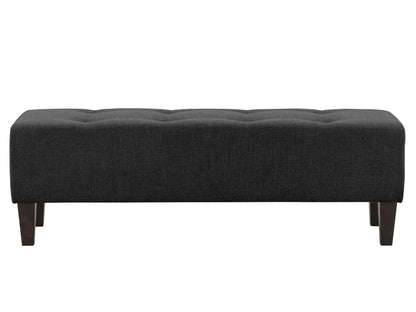 Dark grey accent bench with tufted upholstery, wooden legs, and a sleek, modern design. Perfect for entryways, living rooms, or bedrooms. Durable fabric and sturdy construction offer both style and functionality.