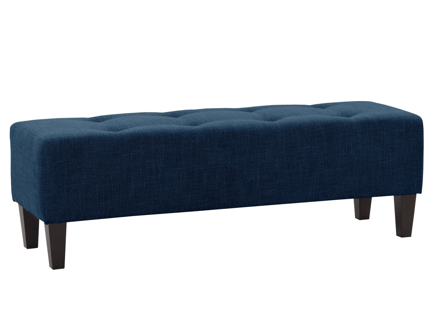 Navy blue accent bench with tufted velvet upholstery, gold metal legs, and a sleek modern design. Perfect for living rooms or entryways, providing both style and comfort.