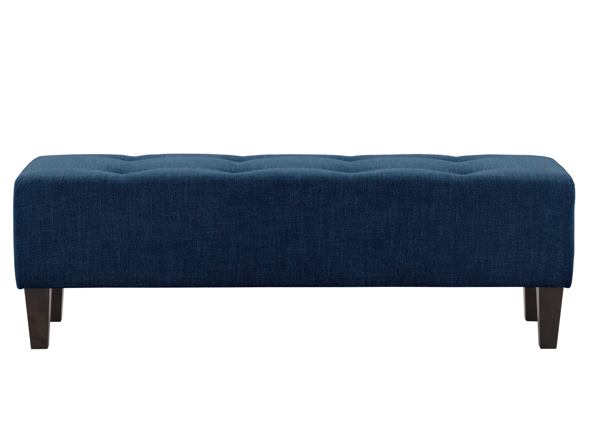 Navy blue accent bench with tufted velvet upholstery, gold metal legs, and a sleek modern design. Perfect for living rooms or entryways, providing both style and comfort.