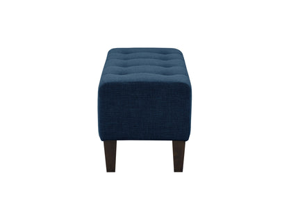 Navy blue accent bench with tufted velvet upholstery, gold metal legs, and a sleek modern design. Perfect for living rooms or entryways, providing both style and comfort.