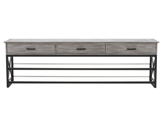 Grey TV stand for TVs up to 95 inches, featuring sleek modern design, durable wood construction, two spacious open shelves, and a minimalist style perfect for contemporary living rooms.