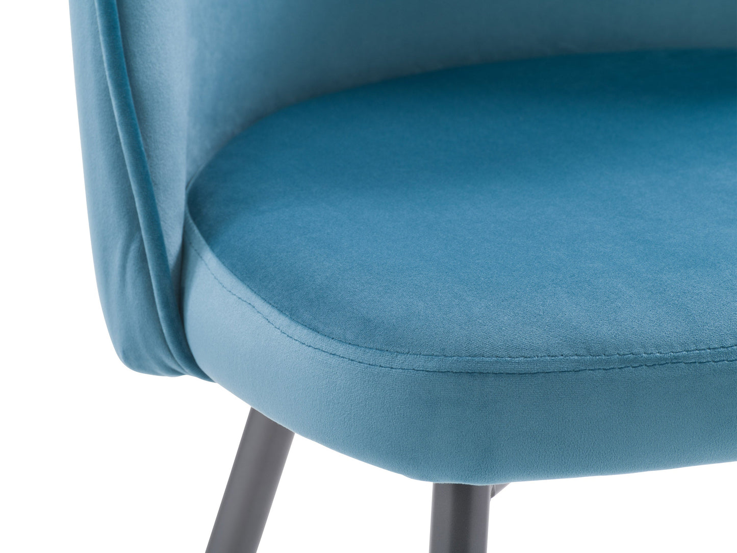 Blue velvet dining chair with gold metal legs, featuring a curved backrest and plush cushioning for comfort. The chair's luxurious velvet upholstery and sleek design make it ideal for modern dining rooms or stylish home offices.